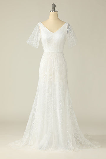 Robe de mariée en dentelle à col V blanc